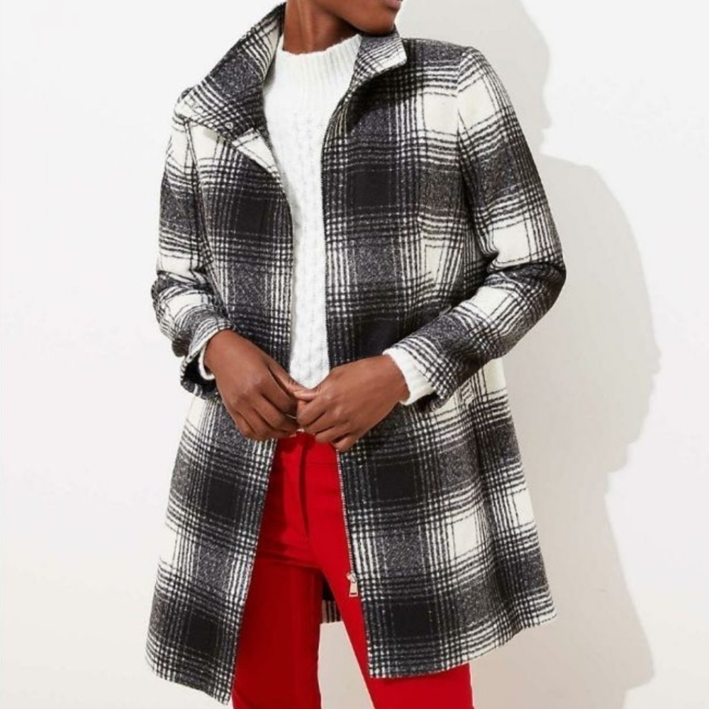 NEW W/O TAGS LOFT Plaid Funnel Neck Wool Blend Coat